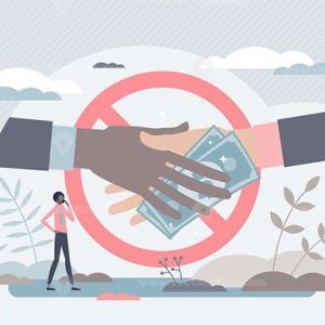 Anti corruption scene with illegal bribe money transfer tiny person concept